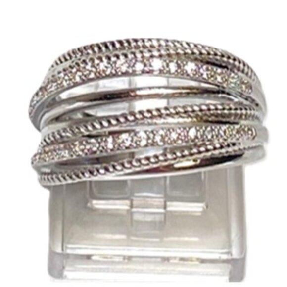 Platinum Plated & Cubic Zirconia Intertwined Crossover Chunky Statement Ring - Picture 3 of 4